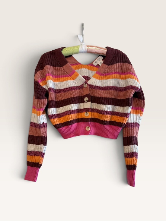 Jessica Simpson Sweaters - Y2K Jessica Simpson Multi-Stripe Cropped V-Neck Cardigan - Pink & Burgundy